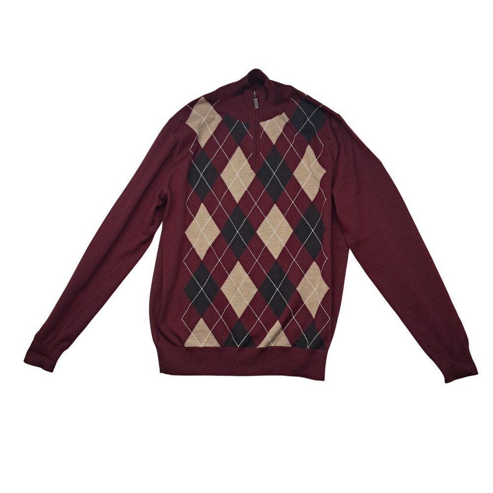 Barbour Sweater Mens Large Red Bordeaux 100%‎ Merino Wool Argyle Half Zip Preppy
